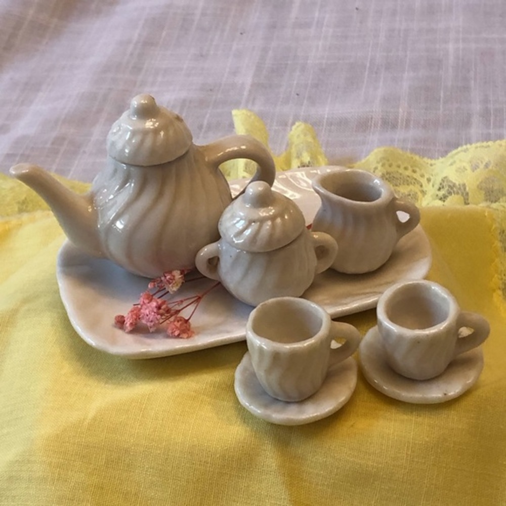 Tiny Ceramic Tea Set White Swirl Pattern Complete Set